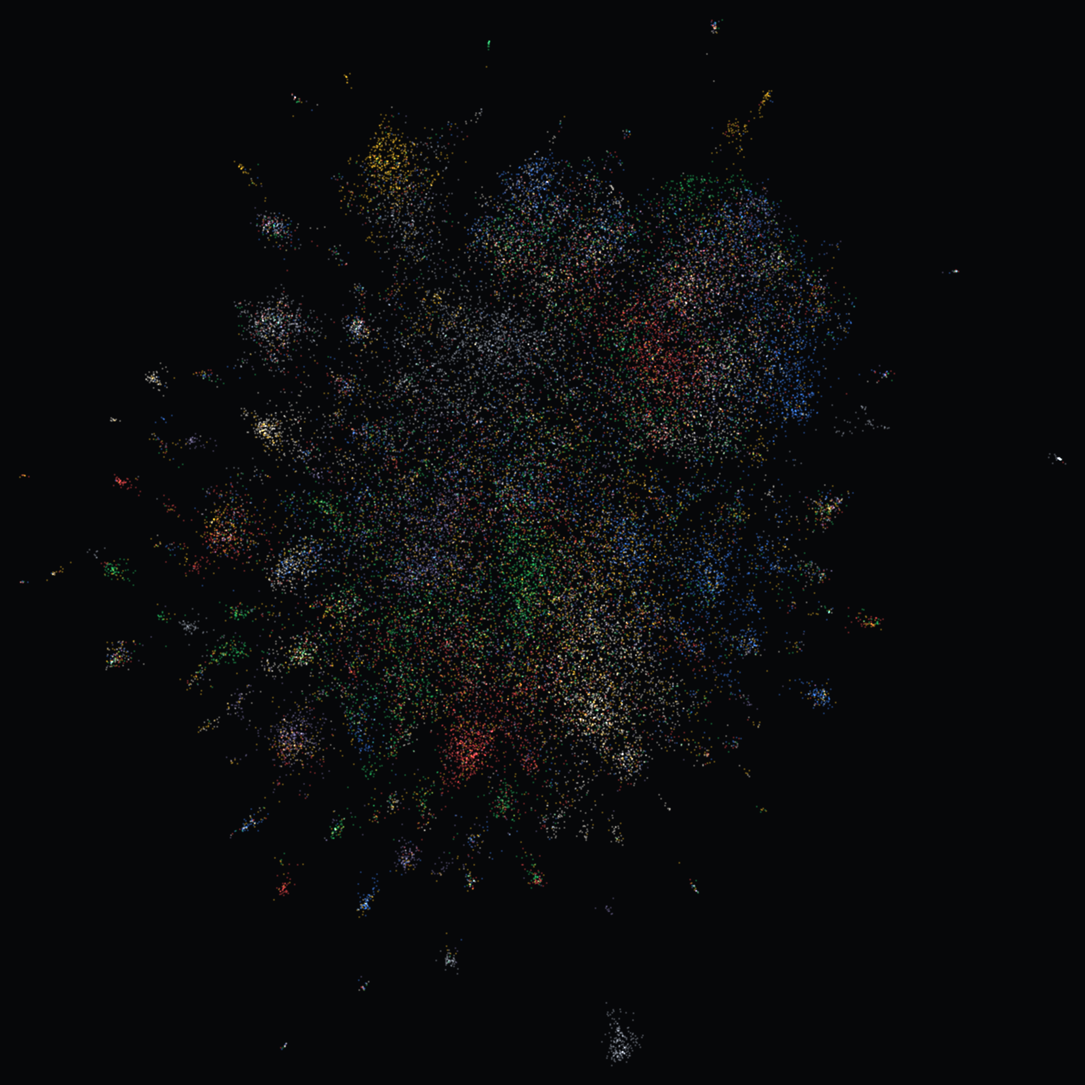 A scatter map of 33,683 Magic: The Gathering cards, each a colored point placed by semantic similarity and tinted by color identity.